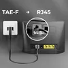 An illustration showing a TAE-F to RJ45 cable connection. Produktbild-Vorschau
