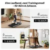 A collage showing a woman running on a treadmill and a man standing on a treadmill desk, with text overlays describing features. Náhled obrázku produktu