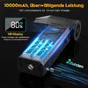 A close-up marketing image of a black electronic device, likely a portable blower, with internal components and battery cells illuminated by blue light. Text overlays highlight features and specifications. Produktbild-Vorschau