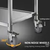 Close-up of the wheels and lower part of a stainless steel trolley. Voir les images du produit
