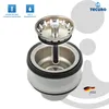 A stainless steel sink strainer basket and drain assembly. Produktbild-Vorschau