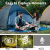 A couple camping near tents, with a split image showing photo, video, and record icons. Náhled obrázku produktu