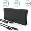 A black power bank with charging cables and feature callouts. Produktbild-Vorschau
