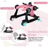 A pink baby walker in the shape of a race car, with diagrams and text highlighting its features. Náhled obrázku produktu