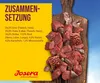A yellow panel with text and a logo on the left, and a pile of raw meat on a wooden board on the right. Produktbild-Vorschau