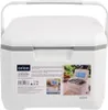 A white Orion cooling box with a gray lid trim and handle, shown in a studio setting with a label on the side featuring product information and lifestyle images. Podgląd zdjęcia produktu