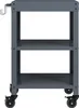 A dark gray metal serving cart with three shelves and wheels, shown from the front against a white background. Anteprima dell’immagine prodotto