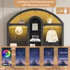 A product image showing a black wardrobe with LED lighting and app control features, along with screenshots of the app interface. Podgląd zdjęcia produktu