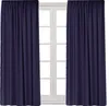 Two navy blue curtains are shown hanging in front of a white-paned window.