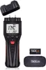 A digital moisture meter with its accessories, including a battery and a carrying pouch, is displayed against a white background. Produktbild-Vorschau