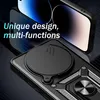 A close-up marketing image of a phone case with a ring stand and camera protection, showing its design and features. Voir les images du produit