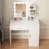 A white vanity table with a lighted mirror and shelves, displaying makeup and decor. Náhled obrázku produktu