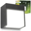 A black LED outdoor wall light is shown in front of a white background, with its packaging visible in the upper right corner. Podgląd zdjęcia produktu