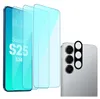 A product shot featuring multiple screen protectors and a camera lens protector for a Samsung Galaxy S25. Produktbild-Vorschau