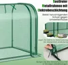 A close-up view of a green mini greenhouse with text overlays highlighting its features and usage. Podgląd zdjęcia produktu