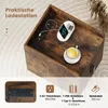A close-up view of a rustic brown nightstand with a built-in charging station, a cup of coffee, and a charging pad with a phone on it. Podgląd zdjęcia produktu