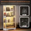 A white glass display cabinet with internal LED lighting, showcasing books and bottles on its shelves. Two inset images demonstrate the glass's safety features. Náhled obrázku produktu