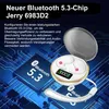 A close-up marketing image of white wireless earbuds in their charging case, with a background depicting a blue circuit board pattern. Produktbild-Vorschau