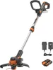 A cordless string trimmer with a battery and charger shown against a white background. Produktbild-Vorschau