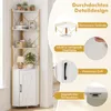 A corner shelf unit with a cabinet at the bottom, showcasing its features through callouts and close-up images. Náhled obrázku produktu
