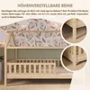 A wooden house bed with a floral wallpaper background and close-up insets showing the bed legs. Produktbild-Vorschau
