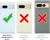 Three phone cases are shown with compatibility indicators. The first case has a green checkmark and is labeled 'Only Fit For Google Pixel 7a (6.1")'. The second and third cases have red 'X' marks and are labeled 'Not Fit For Google Pixel 7 (6.3")' and 'Not Produktbild-Vorschau