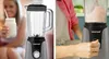 A split image showing a blender and a person using it. Produktbild-Vorschau