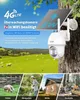 A solar-powered 4G LTE surveillance camera mounted on a tree, with a scenic landscape and sheep in the background. The bottom of the image shows four smaller scenes: fields with sheep, a person gardening, a house, and a construction site. Náhled obrázku produktu