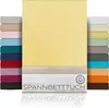 A display of multiple fitted sheets in various colors, with one yellow sheet prominently featured in the center, along with packaging details. Produktbild-Vorschau