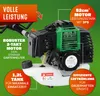 A close-up marketing image of a gas-powered string trimmer engine with various feature callouts. Produktbild-Vorschau