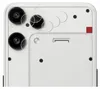 Close-up view of the back of a white smartphone, focusing on the camera lenses and a protective film. Produktbild-Vorschau