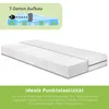 A diagram showing the 7-zone construction of a mattress, followed by an image of the mattress itself, and descriptive text about its features. Produktbild-Vorschau