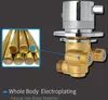 A close-up marketing image showing a brass faucet valve with a chrome handle, with an inset image of brass rods and text highlighting the material and electroplating. Produktbild-Vorschau