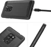 A collage of images showing a black TPU phone case with a carbon fiber texture, highlighting its camera cutout and side buttons, and demonstrating a USB-C cable being plugged into the phone. Produktbild-Vorschau
