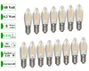 A collection of LED filament light bulbs arranged in two rows against a white background, with a list of product specifications on the left. Produktbild-Vorschau