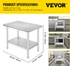 A stainless steel work table with a shelf, shown with dimensions and in kitchen settings. Podgląd zdjęcia produktu