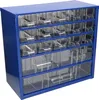 A blue metal storage cabinet with multiple clear plastic drawers. Produktbild-Vorschau