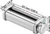 A stainless steel pasta maker attachment for a stand mixer is shown with dimensions indicated by text overlays. Produktbild-Vorschau