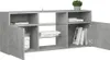 A gray TV cabinet with open doors and shelves, displaying books and a jar. Anteprima dell’immagine prodotto