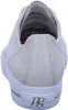 The back view of a white leather sneaker with a white sole and gold accents. Produktbild-Vorschau