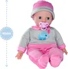 A baby doll sitting down, wearing a pink and gray outfit with an elephant design. Náhľad obrázku produktu