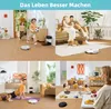 A collage of four scenes showing a family and a man using a robot vacuum cleaner in different domestic settings. Produktbild-Vorschau