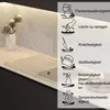 A kitchen countertop with a sink, featuring a vase of flowers and a graphic overlay illustrating product features. Produktbild-Vorschau