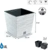 A product image of a white square planter with a textured surface, showing dimensions and capacity. Includes icons and a close-up of the overflow hole and plug. Produktbild-Vorschau