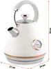 A white electric kettle with rose gold accents and a built-in thermometer is shown against a white background. Dimensions are indicated with lines and text. Produktbild-Vorschau