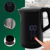 A black electric kettle with a digital display is shown, with close-up insets of the interior and base. A finger is pressing a button on the kettle. Náhled obrázku produktu