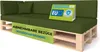 A green pallet sofa with cushions, featuring marketing labels. Produktbild-Vorschau