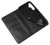 An open black leather flip phone case with card slots and a phone holder. Produktbild-Vorschau