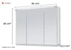 A white bathroom cabinet with mirrored doors and integrated LED lighting, shown with dimensions indicated. Produktbild-Vorschau
