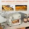 A cream-colored mini oven is shown on a countertop, with two inset images above demonstrating different cooking methods. Produktbild-Vorschau